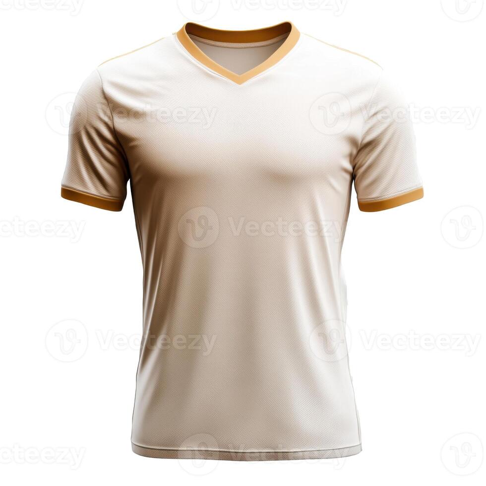 White athletic shirt with short sleeves and tan trim around neck and sleeve opening on a plain black background simple design photo