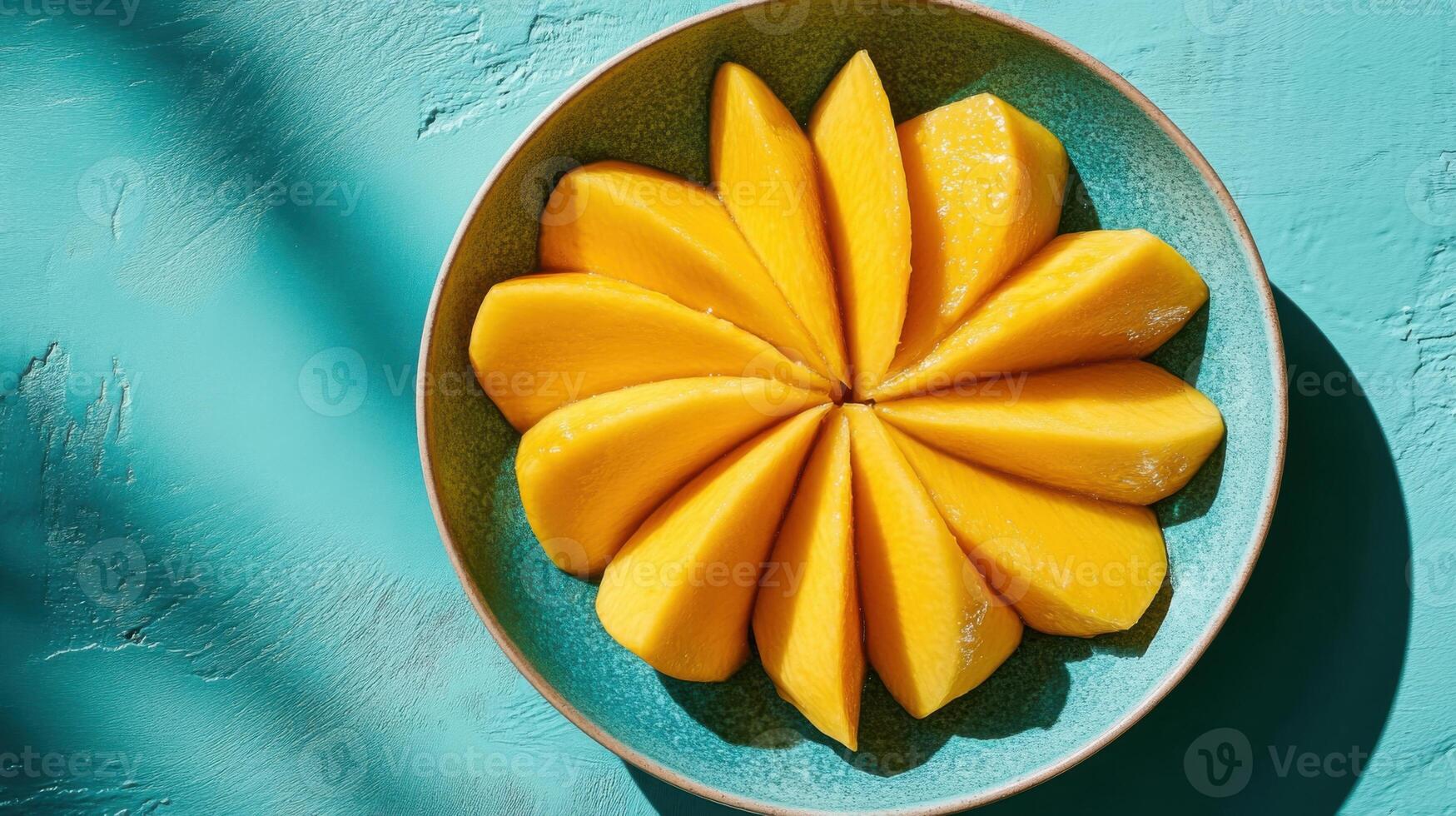 Sliced yellow fruit in blue bowl. Pieces of mango arranged in circle. Fresh bright food on textured surface with shadow and natural light. photo