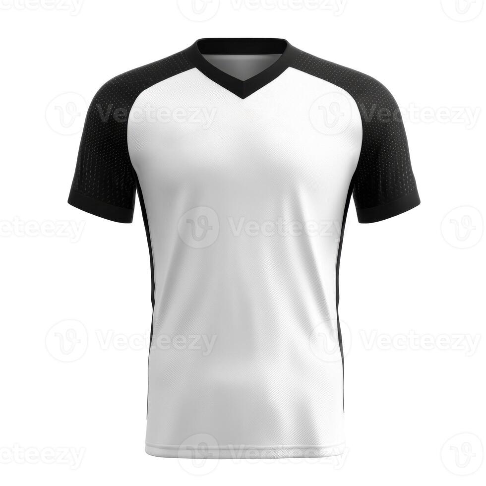 Isolated sport shirt. White fabric body. Black color sleeves with dotted texture. V neck top. Front view of plain cloth on black backdrop. photo