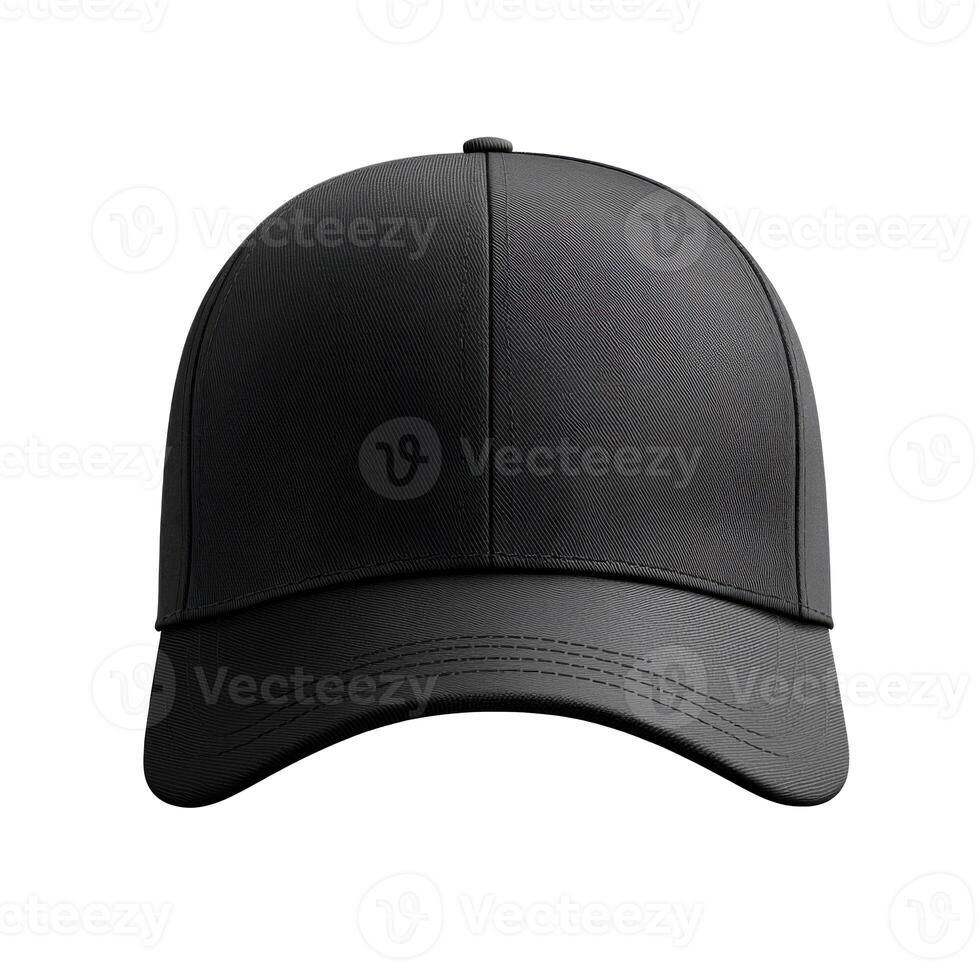 Black baseball cap resting on a dark background. Simple casual hat made of textured cloth. Isolated shot of headwear with stitched visor. photo