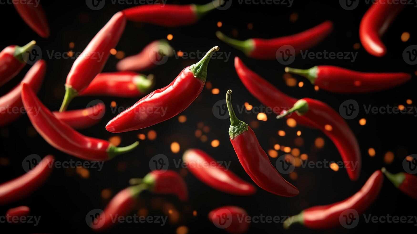 Red chili peppers float against a dark backdrop. Bright yellow specks add dimension. Spicy food concept. Vibrant color. Fresh vegetables. photo