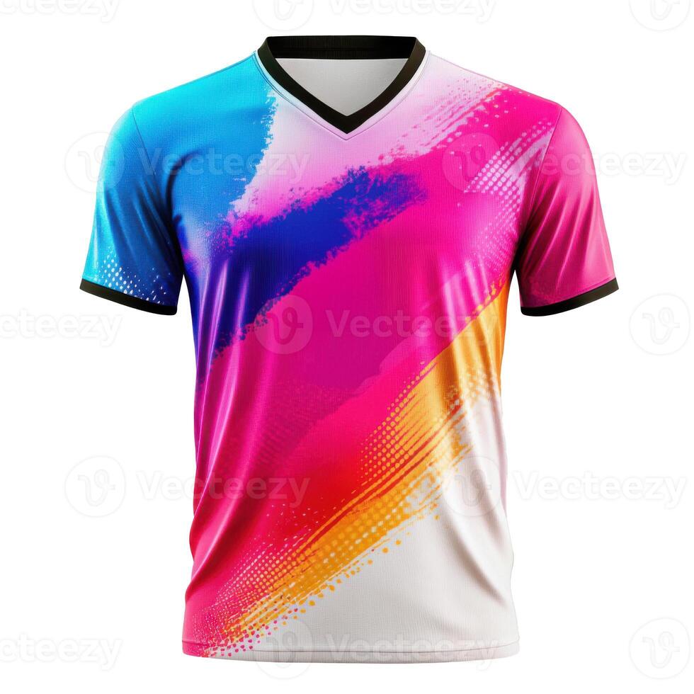 Bright colorful shirt with diagonal brush stroke pattern. Sport shirt with v neck on dark background. Design apparel illustration. photo