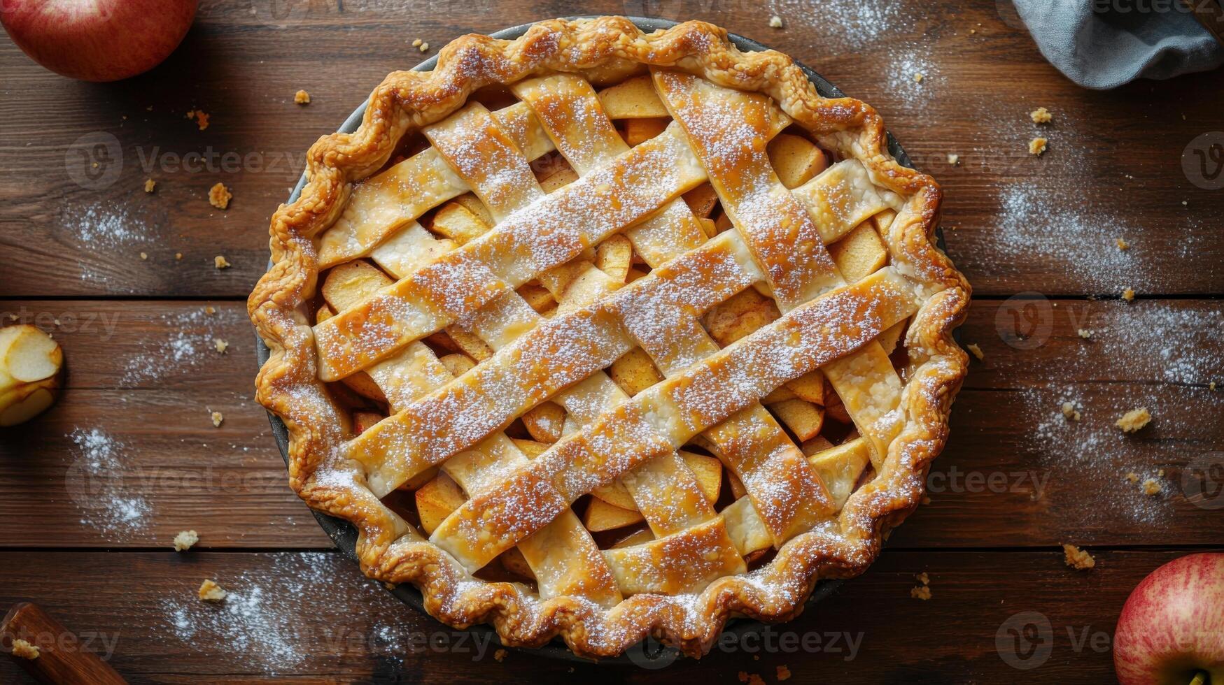 Baked apple pie with lattice crust. Golden brown dessert sprinkled with sugar on a rustic wooden table. Overhead view. photo