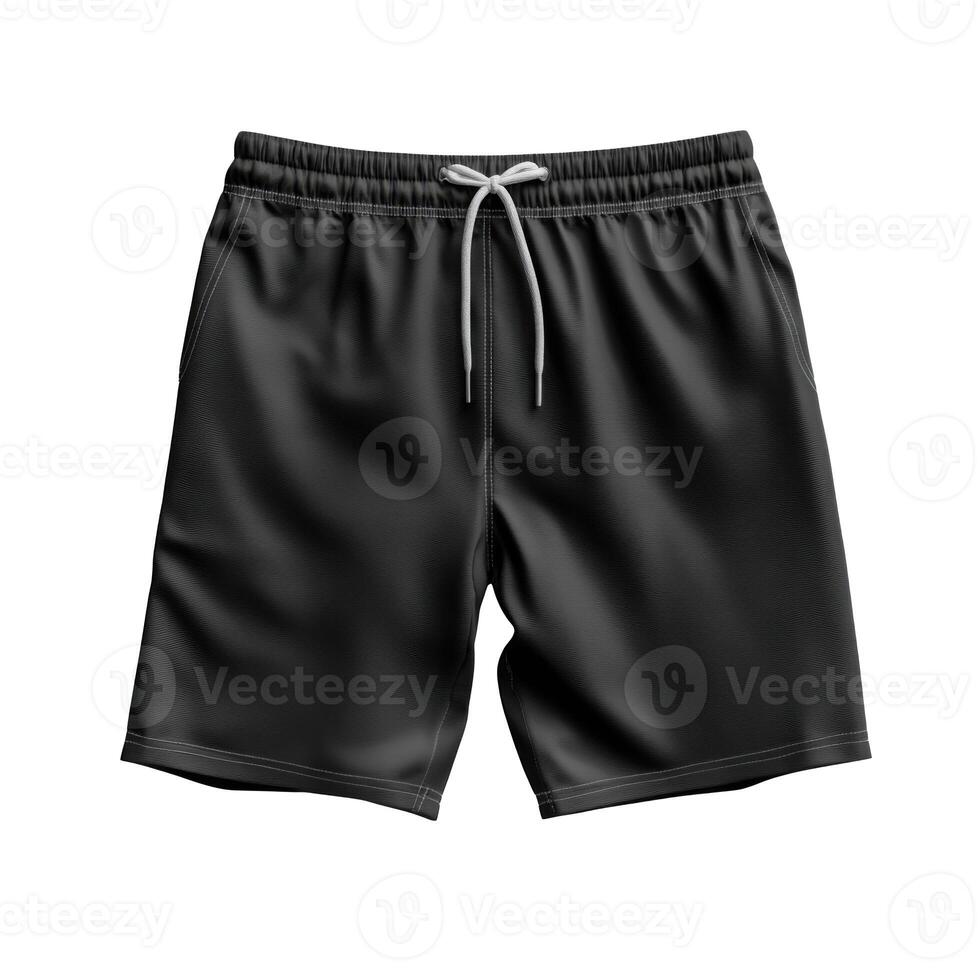 Black athletic shorts. Drawstring waist. Casual shorts. Sportswear fashion. Dark color. Comfortable style. Isolated on black. Close up. Clothes for training. photo