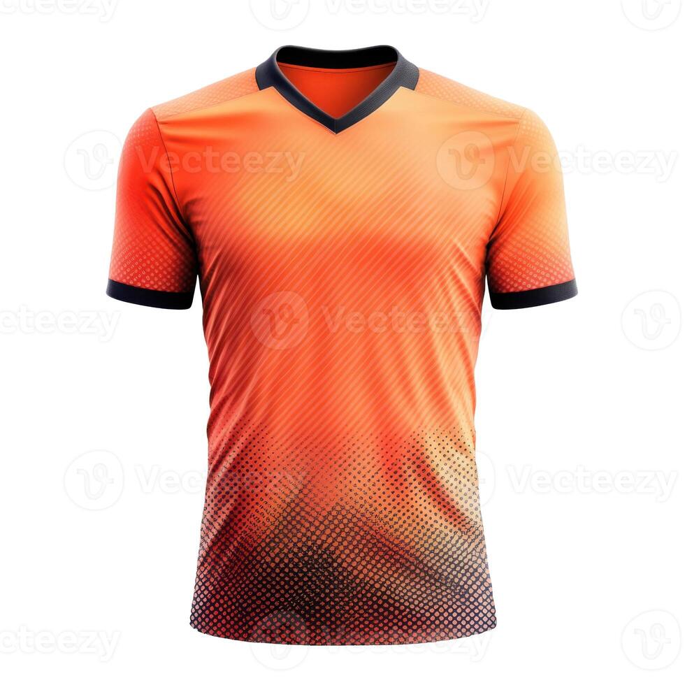 Orange shirt with black trim, diagonal stripes, and a gradient pattern. Short sleeve sportswear on a dark background. Sports apparel design template. photo