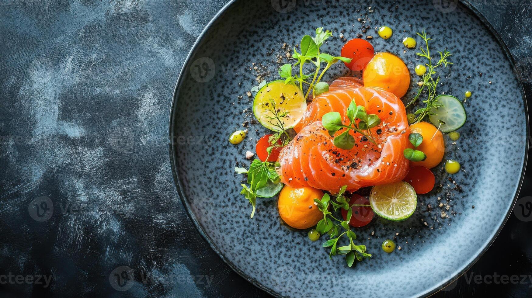 Salmon appetizer on a dark speckled plate. Slices of salmon with citrus fruit and herbs. Food presentation on a dark textured background. photo