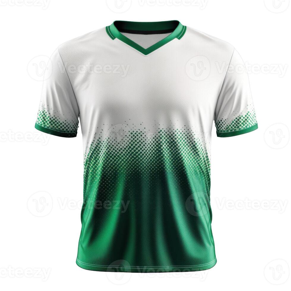 White and green short sleeved shirt. V neck collar. Faded dot pattern. Sportswear design template on background. Close up shot. photo