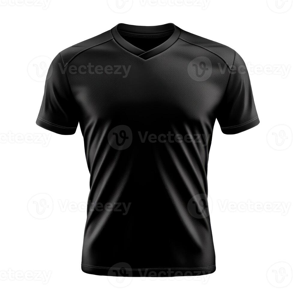 Dark simple shirt. Black v neck shirt. Short sleeves shirt. Fashion black jersey. Black fabric texture on shirt. Isolated clothing on dark. photo