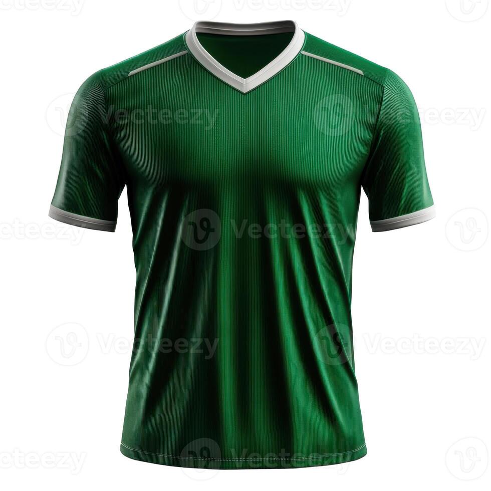 Green athletic shirt with white trim on dark background. Sports jersey with short sleeves and textured fabric. Isolated uniform apparel template. photo