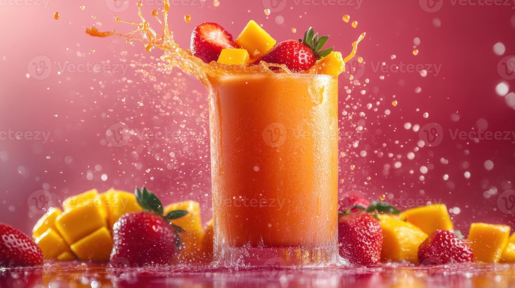 Fruit smoothie splashing in a glass with mango and strawberries against red background. Refreshing drink with vibrant colors and fresh fruits. photo