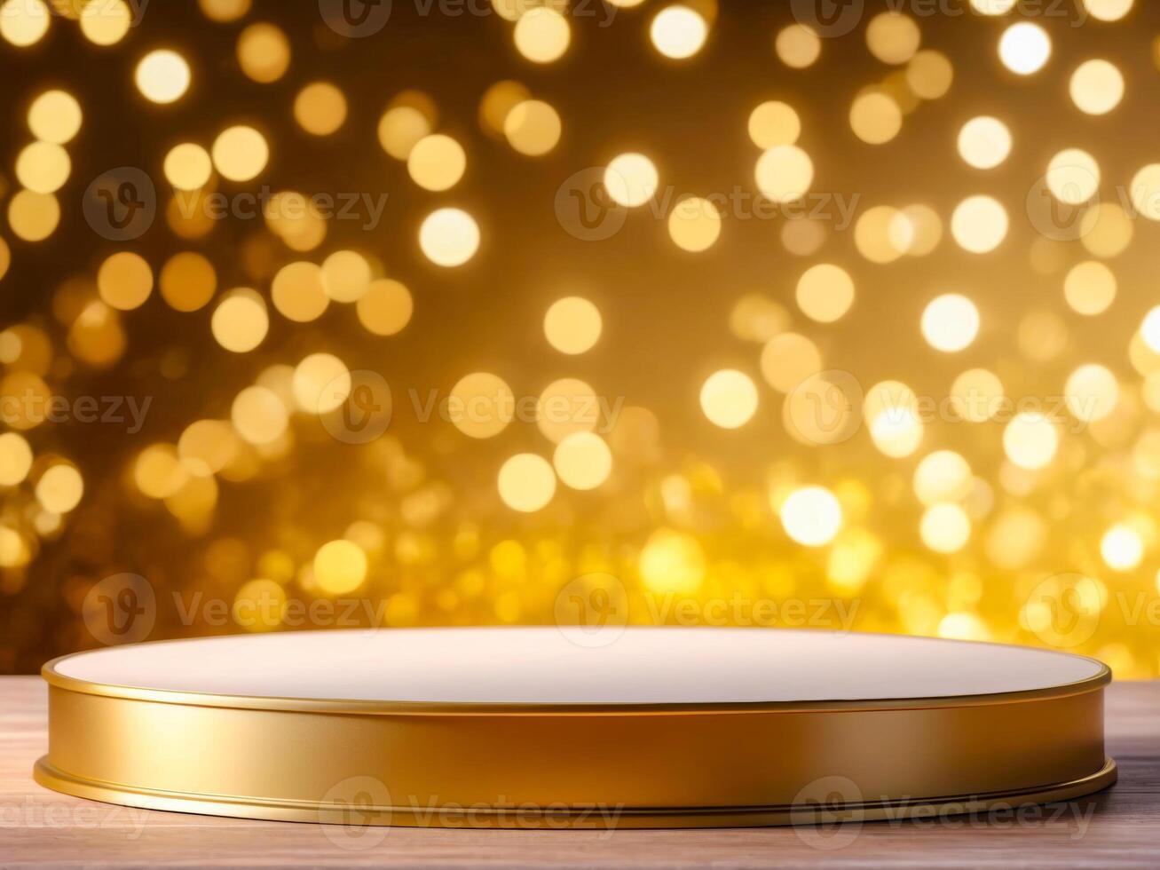 Gold Podium on Wooden Table with Golden Bokeh Background photo