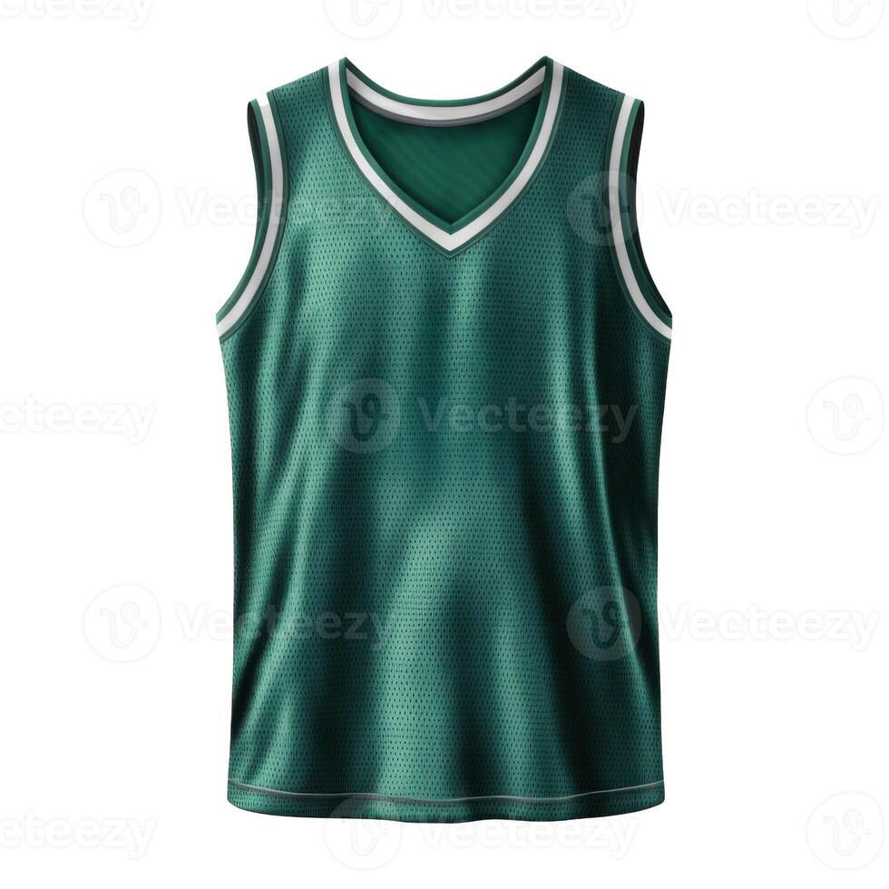 Green basketball jersey. Sleeveless shirt. White trim. Sports uniform. Apparel. Isolated on black. V neck. Clothing item. Mesh material. Team wear. Athletic shirt. photo