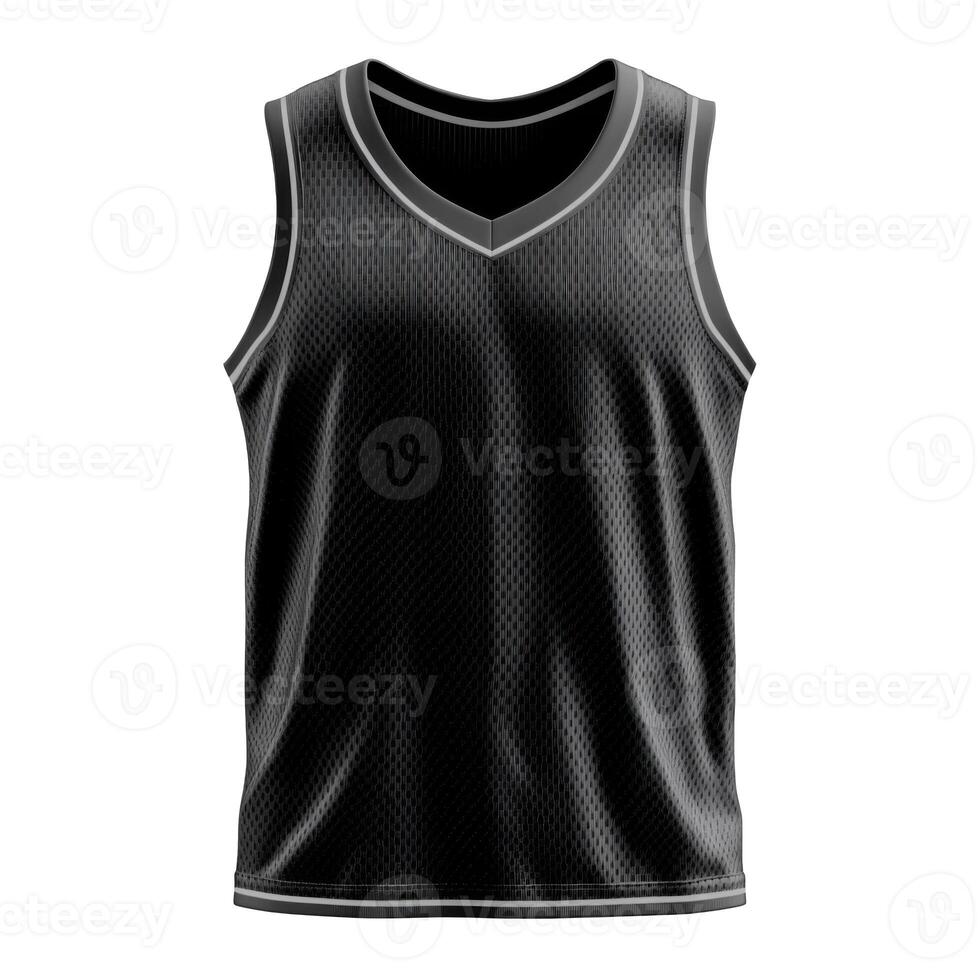 Black jersey on black background. Athletic shirt with gray trim. Sports top. Clothing for game. Comfortable wear. photo