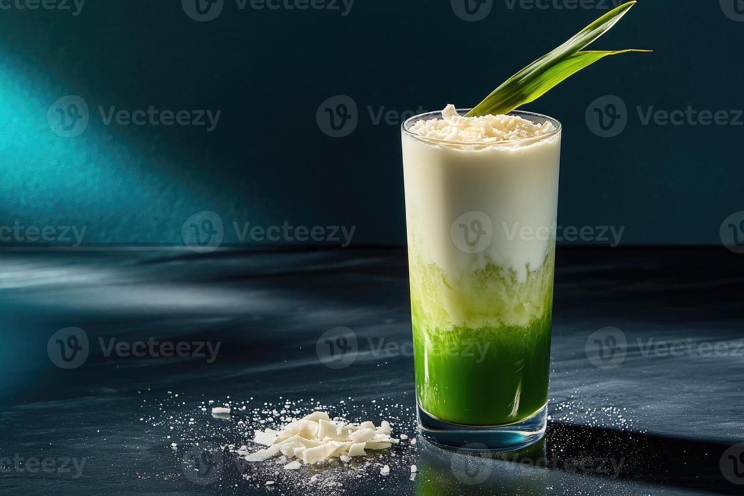 Dramatic shot of pandan coconut milk tea in a faceted glass on a black quartz countertop photo