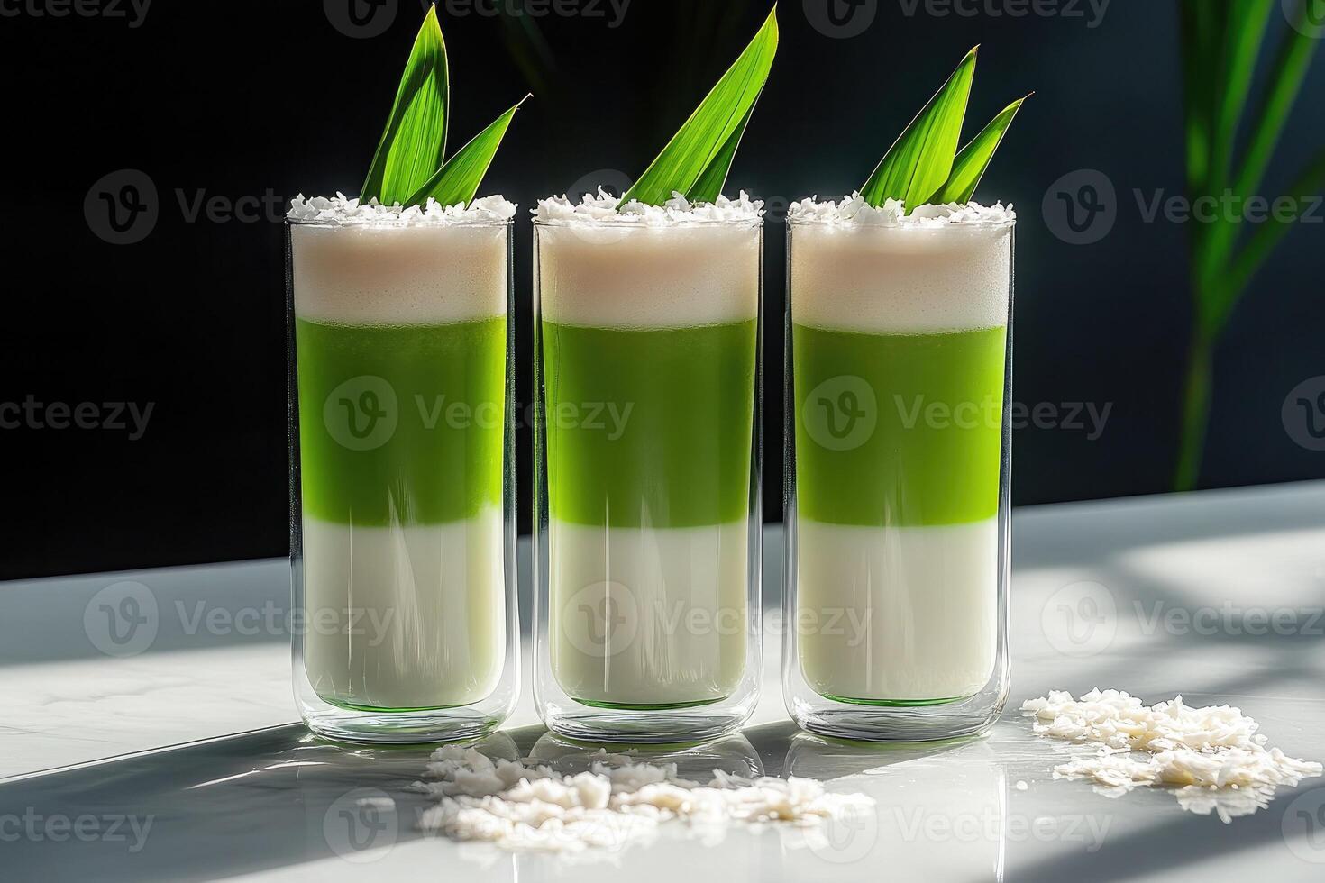 Captivating three-layer pandan coconut milk tea in double-walled glasses against a matte black backdrop photo