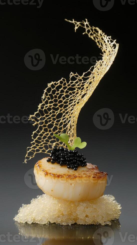 Golden-brown seared scallops with yuzu beurre blanc and caviar pearls create a stunning culinary masterpiece photo