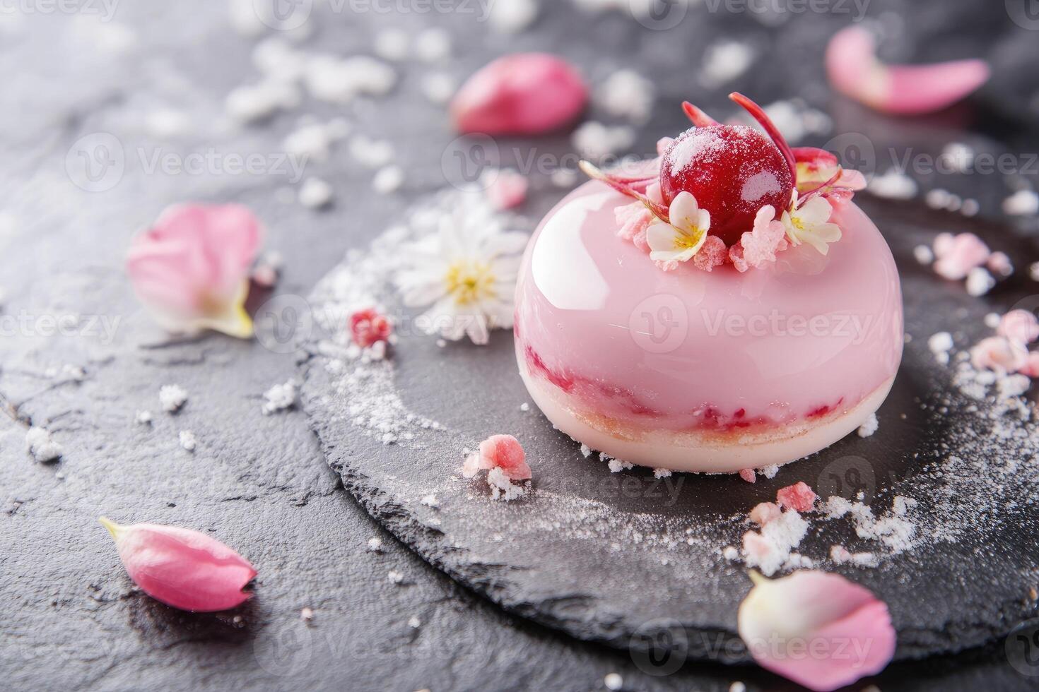 Elegant petite entremet with lychee and sugared rose petal on almond biscuit dessert photo