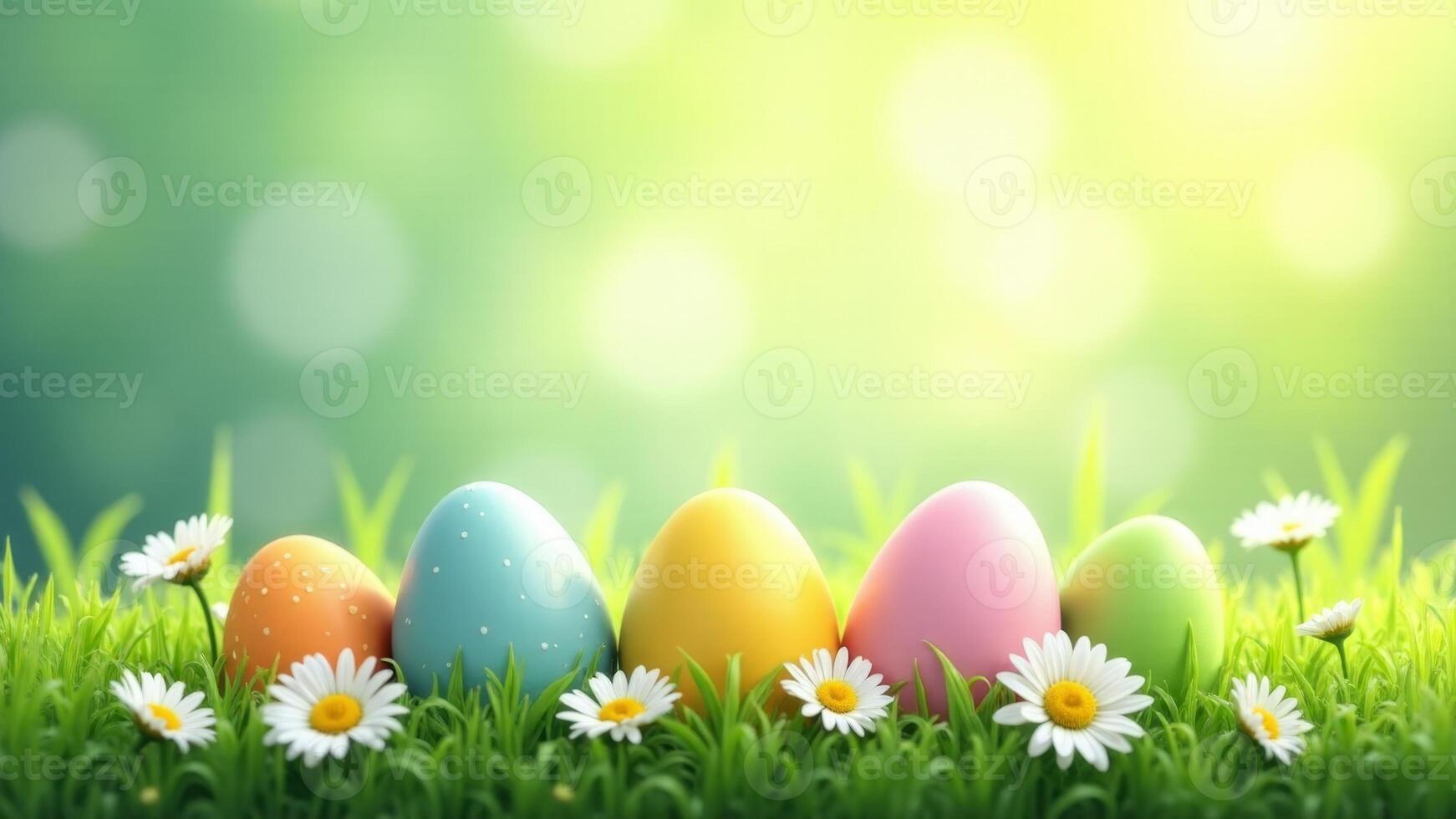 Colorful Easter Eggs In Grass With Daisies photo
