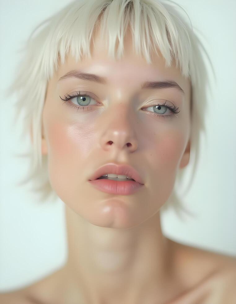 Striking close-up of a woman with sharp features, white hair, and a contemplative look photo