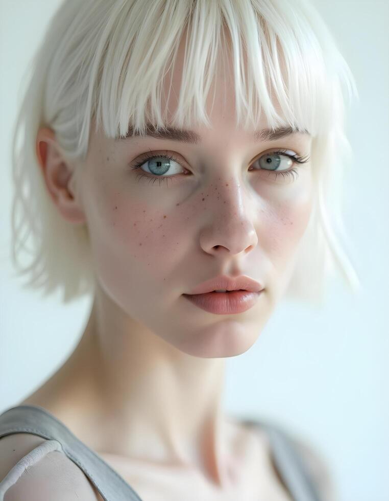 Intense gaze of a pale-skinned woman with a white mullet and short bangs in moody lighting photo