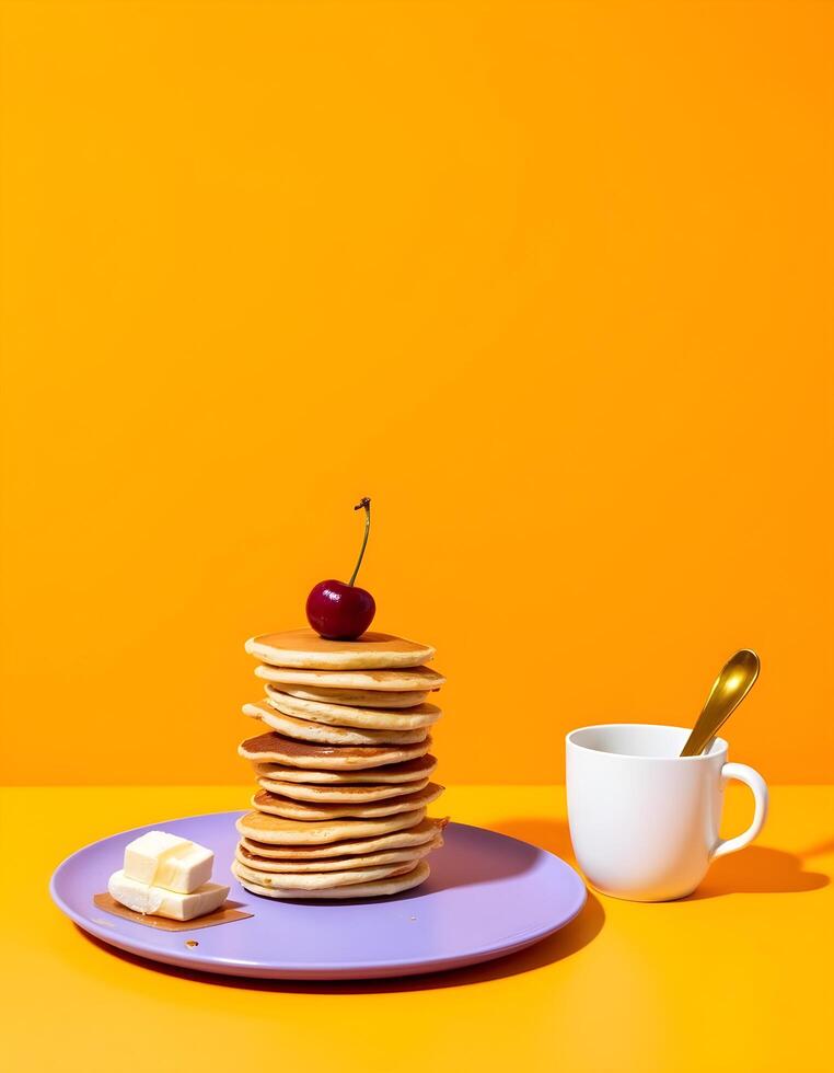 Golden pancakes with cherry on , syrup drizzling down, and warm coffee photo