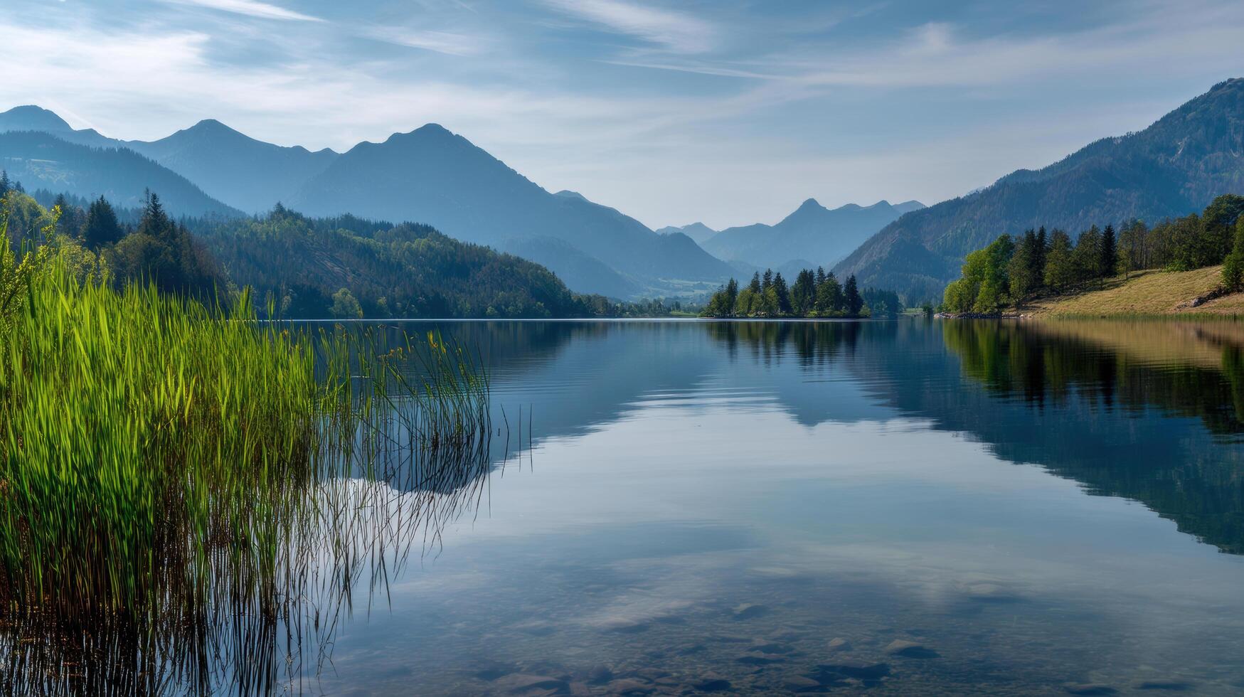 serene lake surrounded by mountains, reflecting sky and lush greenery, creates peaceful atmosphere photo