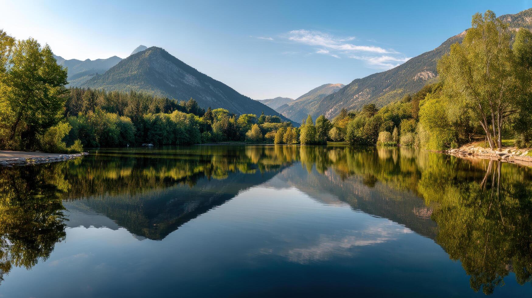 serene lake surrounded by lush greenery and majestic mountains, reflecting clear blue sky and vibrant foliage, creates peaceful atmosphere photo