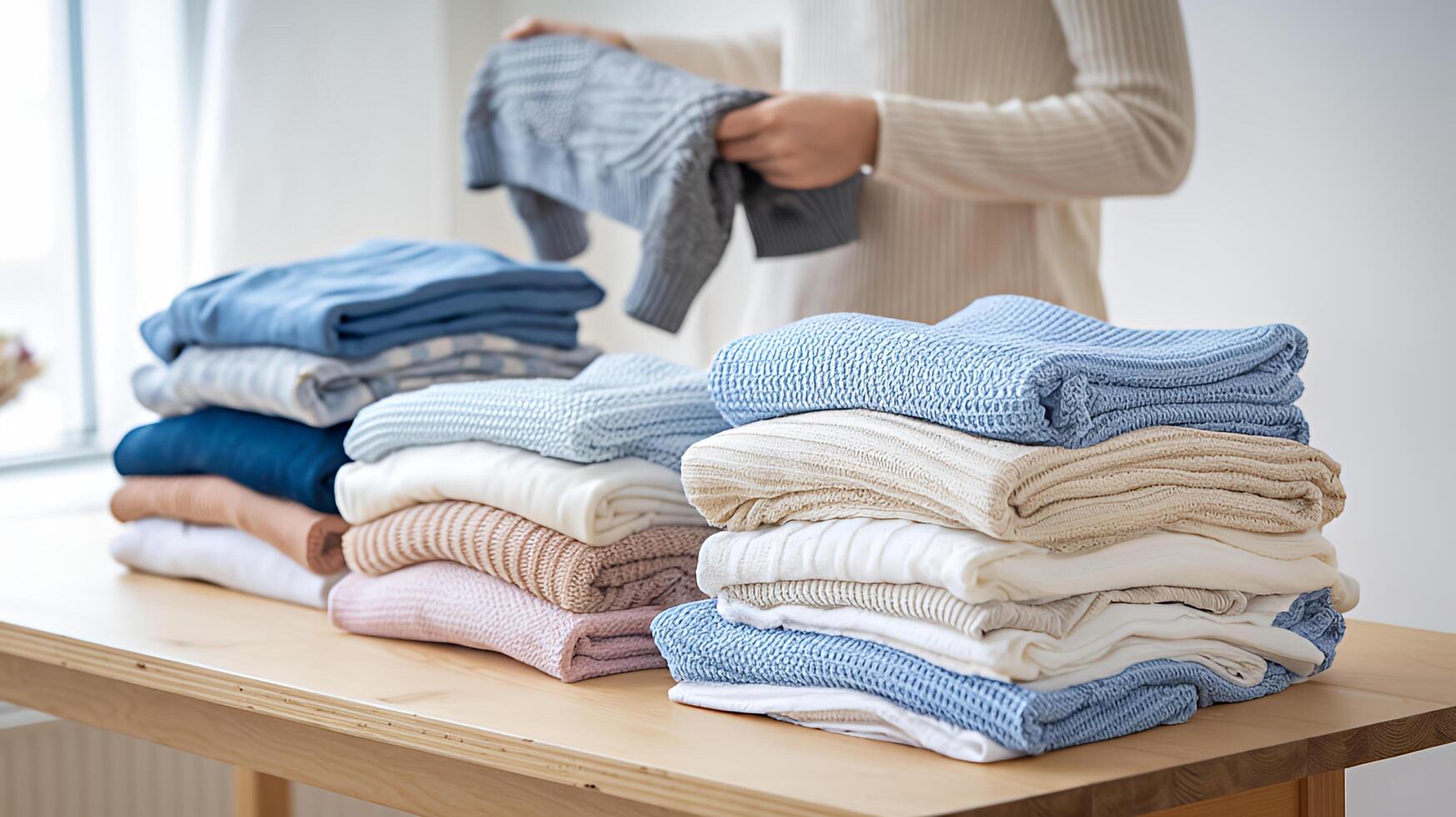 Neatly folded sweaters soft pastel colors organized stacks on a light wooden table creating a photo