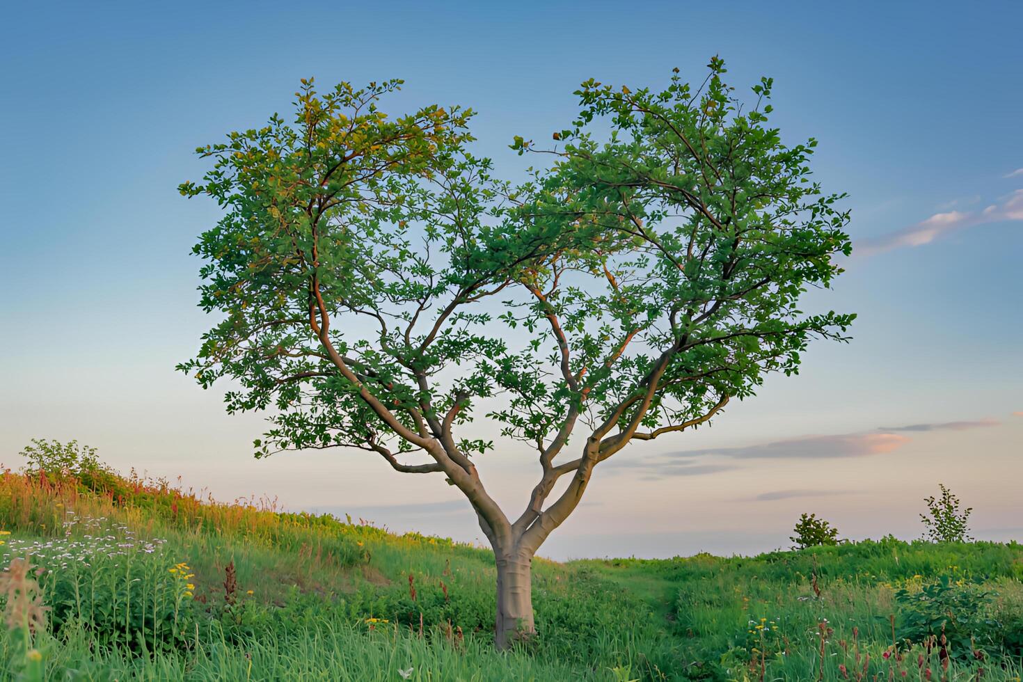 Heart shaped tree sunset landscape serene nature scene with soft light and vibrant meadow photo