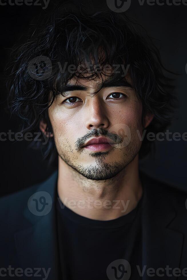 Portrait of a man with curly hair in a dark setting photo