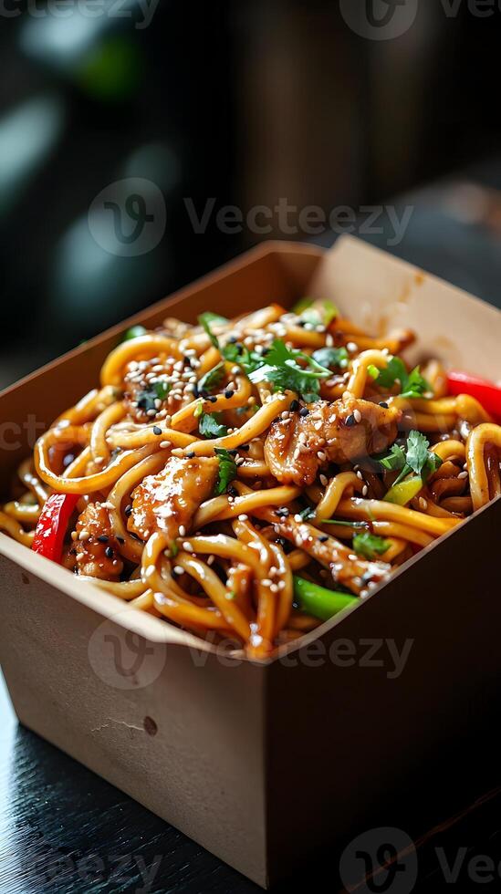 Street-style udon noodles in a takeaway box with toppings photo