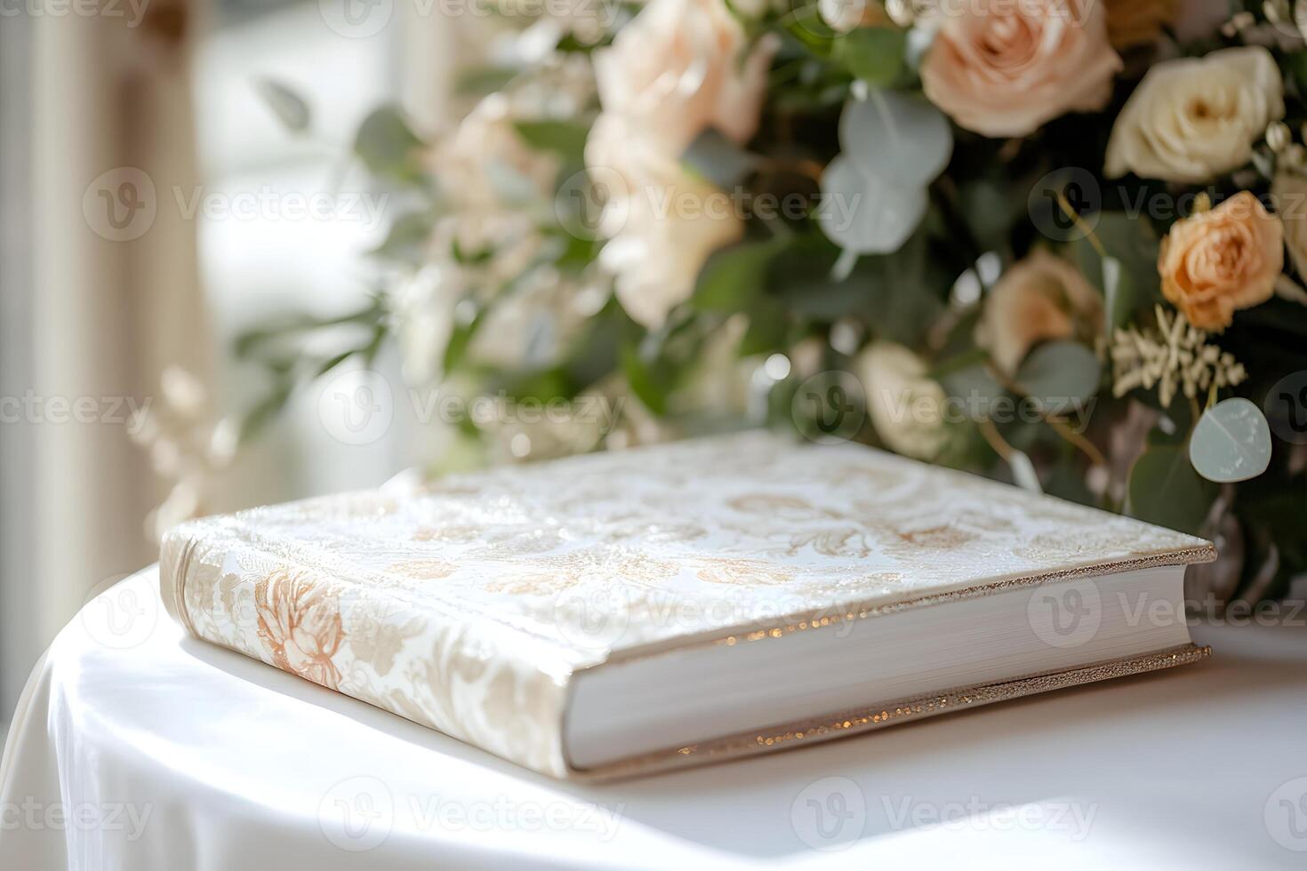 Elegant wedding guest book with floral decoration on table photo