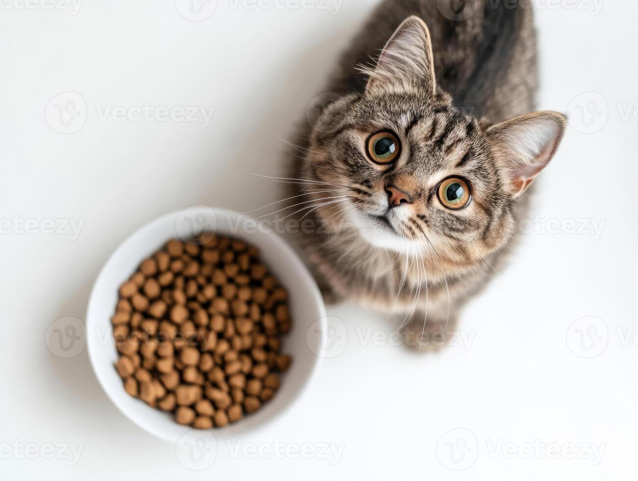 Playful cat sitting beside a bowl of kibble photo