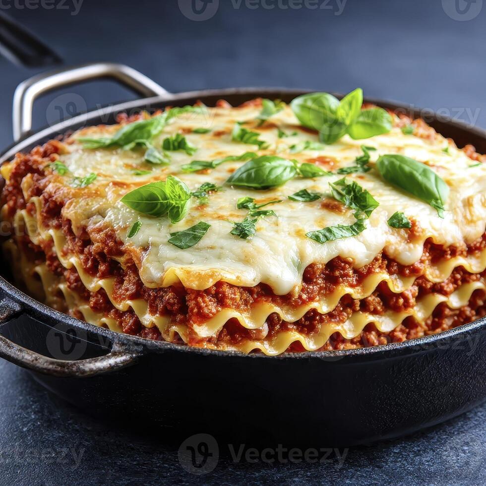 Delectable Lasagna in Dark Skillet Melted Cheese and Basil Garnish photo