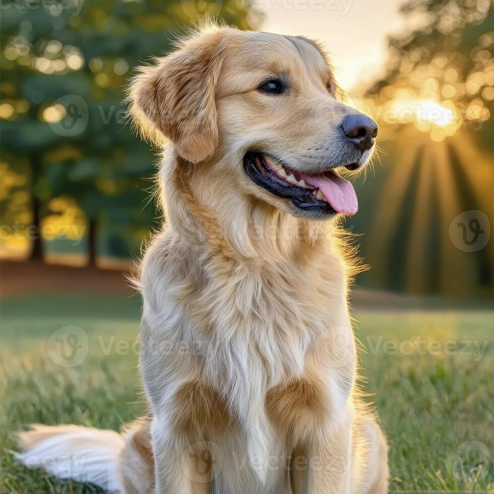 Golden Retriever at Sunset A Calm Portrait in a Grassy Field photo