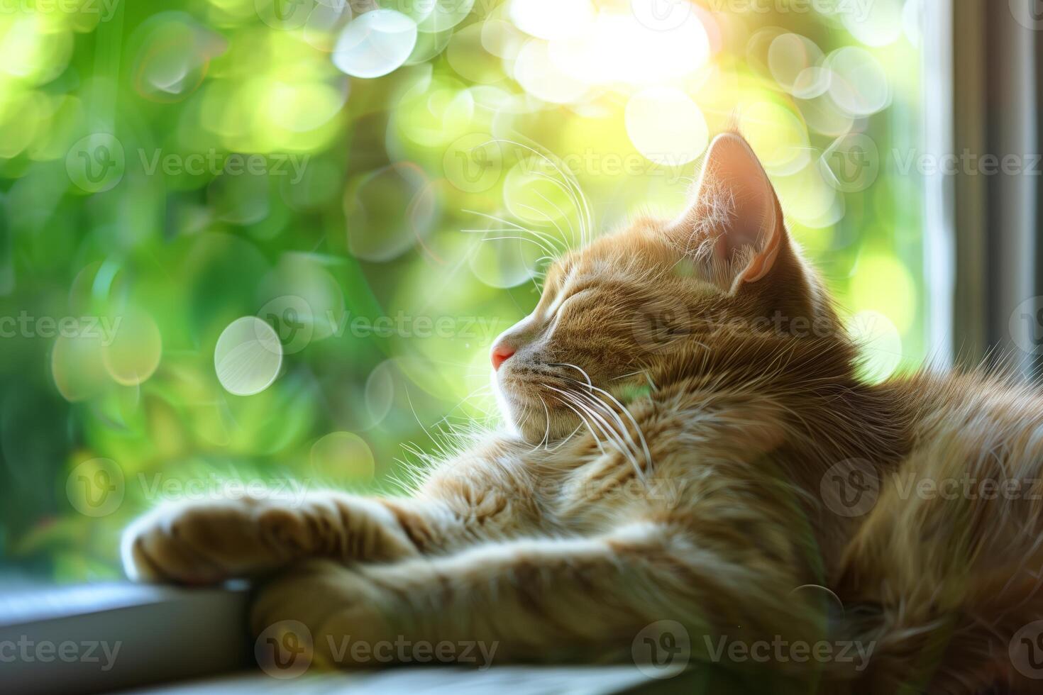 The cat sleeps on the windowsill. A fluffy gray cat sleeps near a window. photo