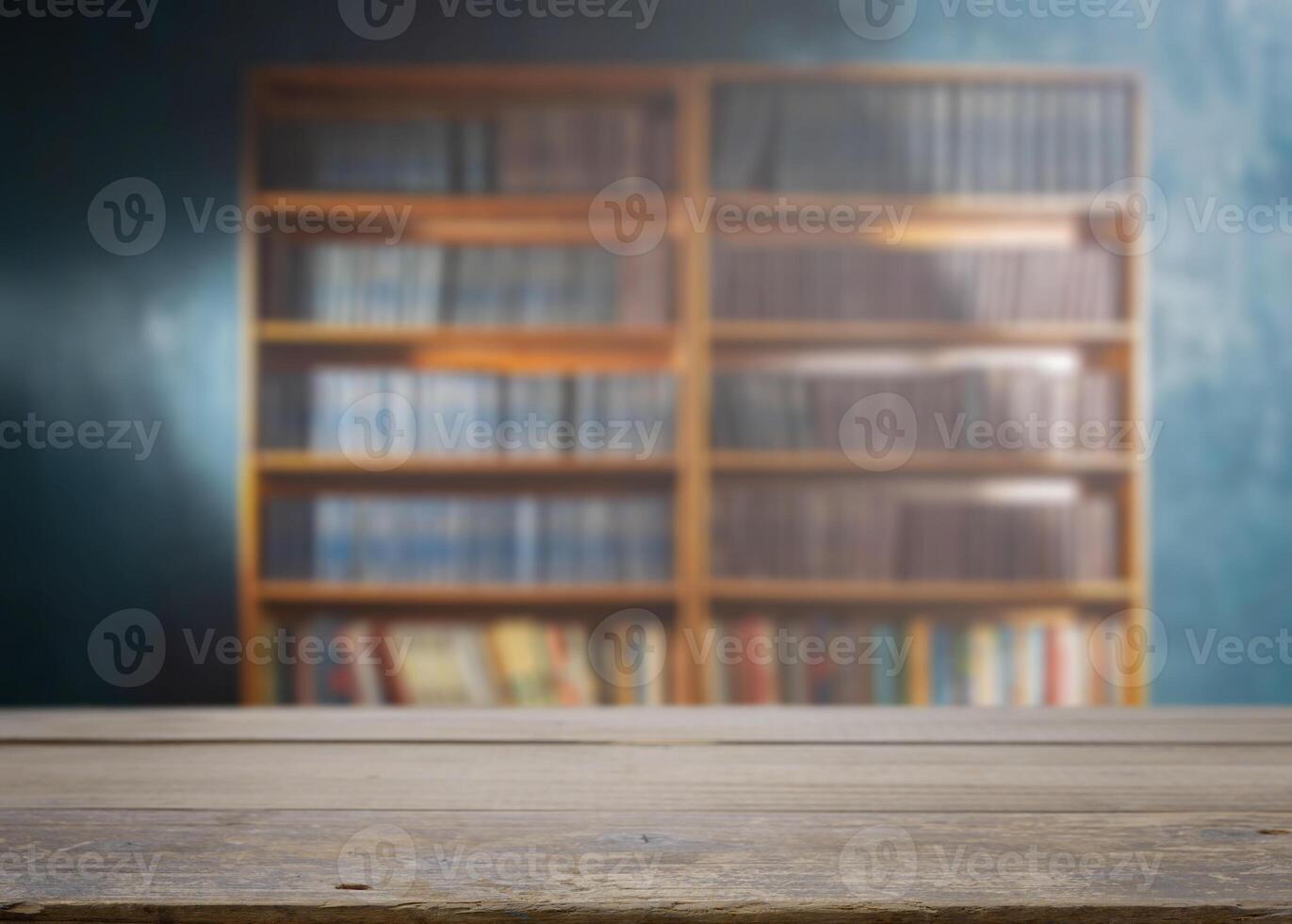 Table on the background of the bookcase photo