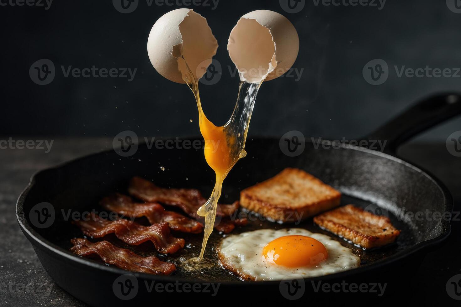 Eggs being cracked into a pan with bacon and toast photo