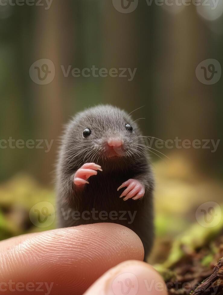 Tiny baby star-nosed mole peeking from between fingers in a lush forest setting during daylight hours photo