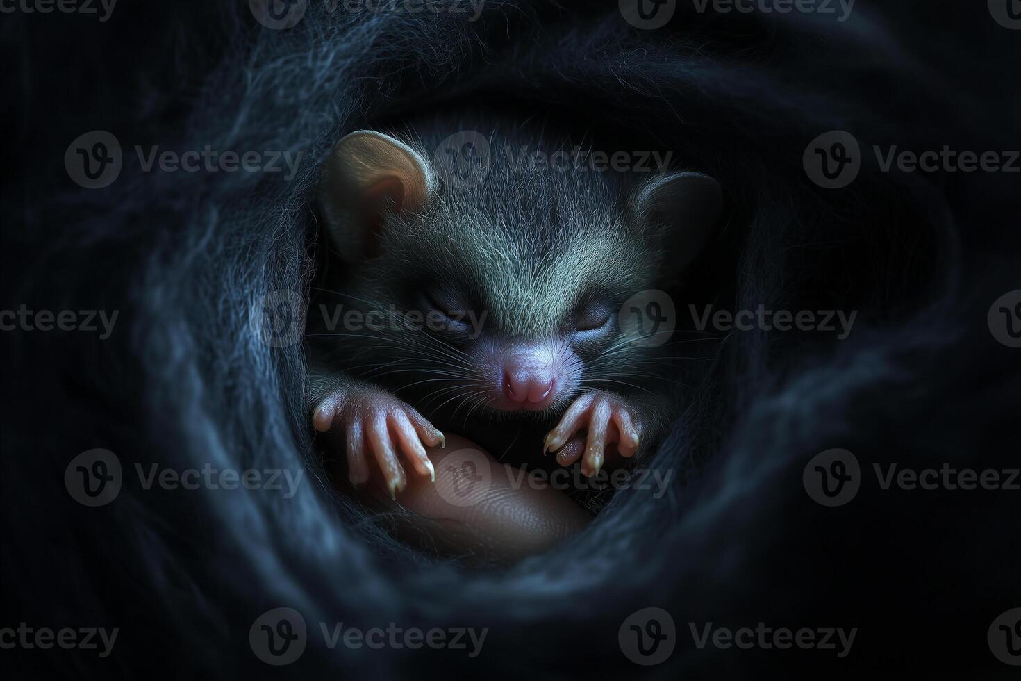 Soft and delicate pygmy possum peacefully resting within a cozy nest at twilight in the wilderness photo