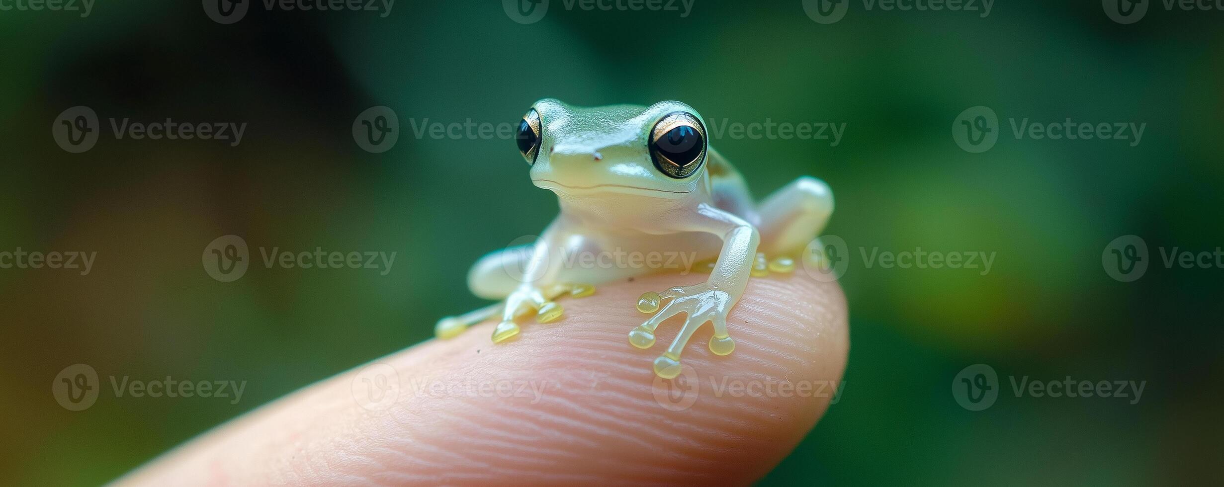 Tiny baby frog perches on the tip of a human finger in a lush green environment highlighting its delicate features and vibrant colors photo