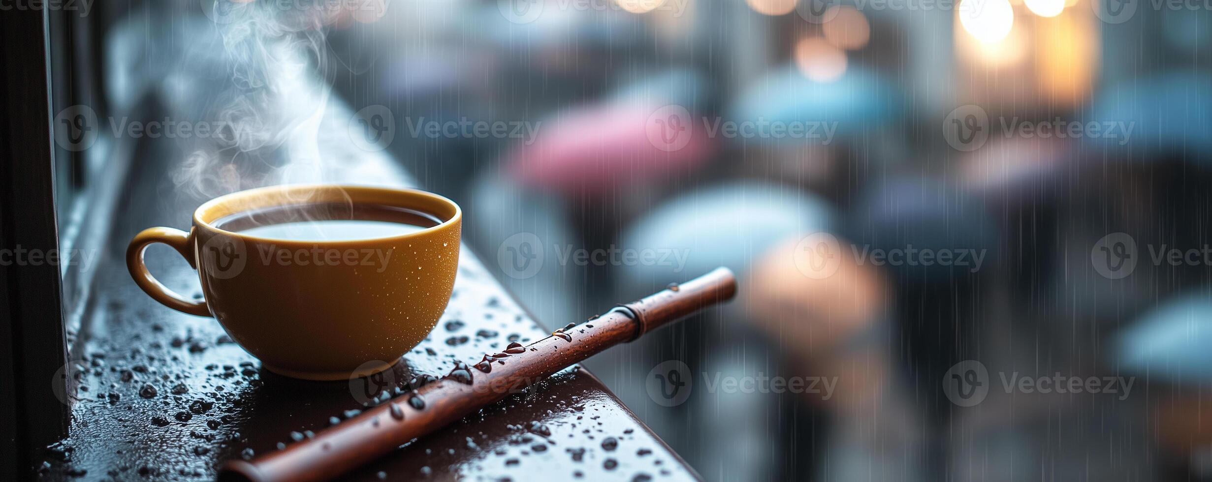 Steaming cup of tea rests on balcony railing with rainy street view in the background photo