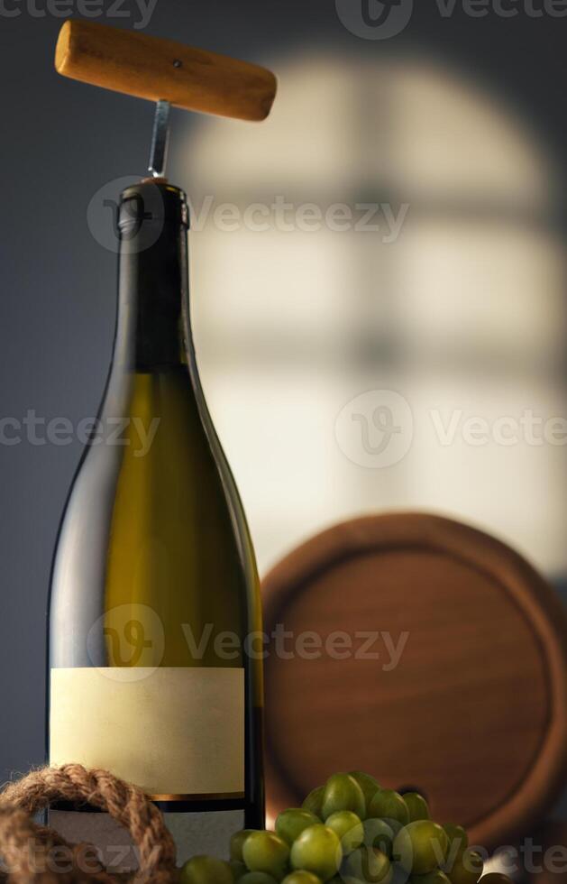 Wine bottle with a corkscrew in the cellar photo
