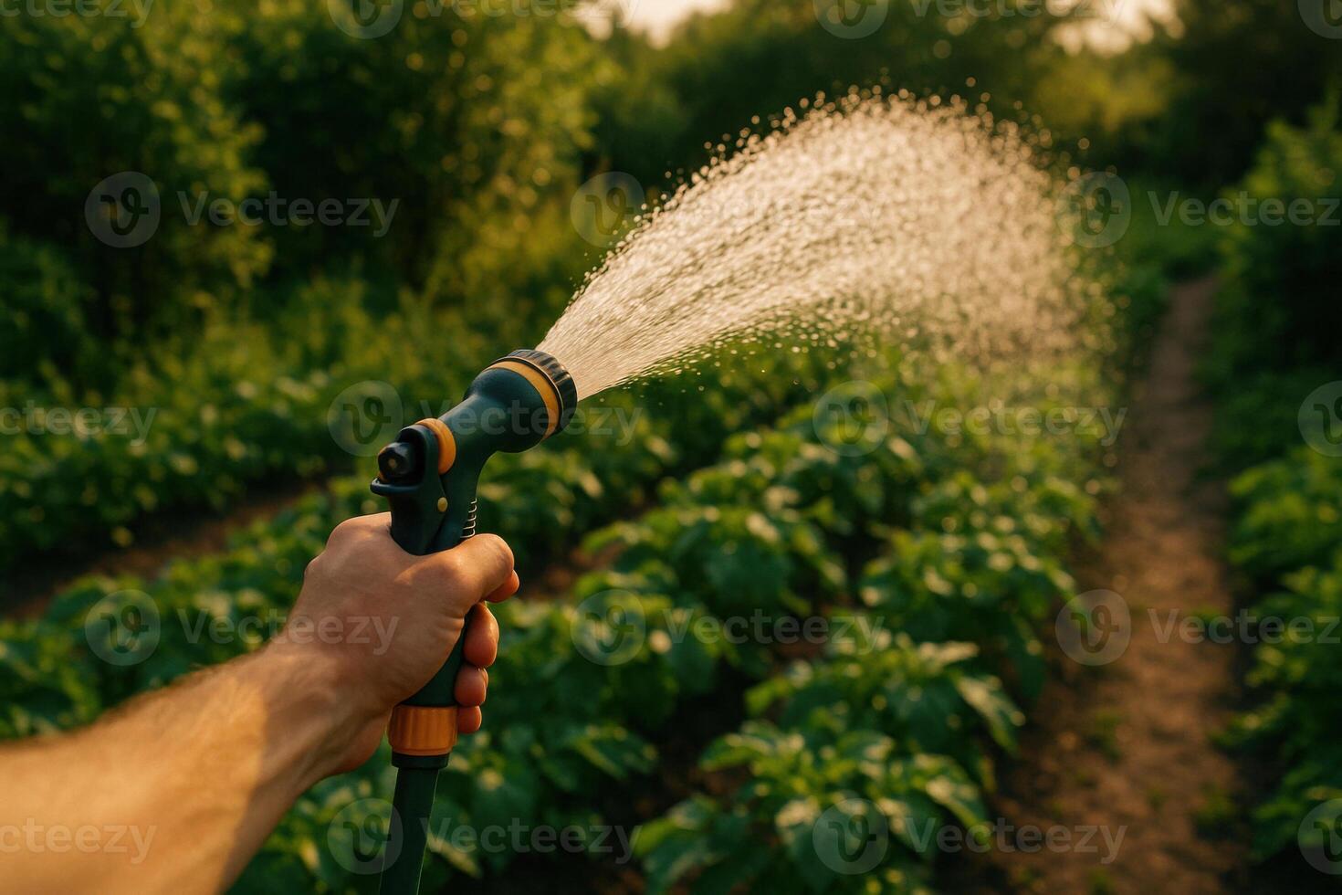A person is watering a garden with a hose photo