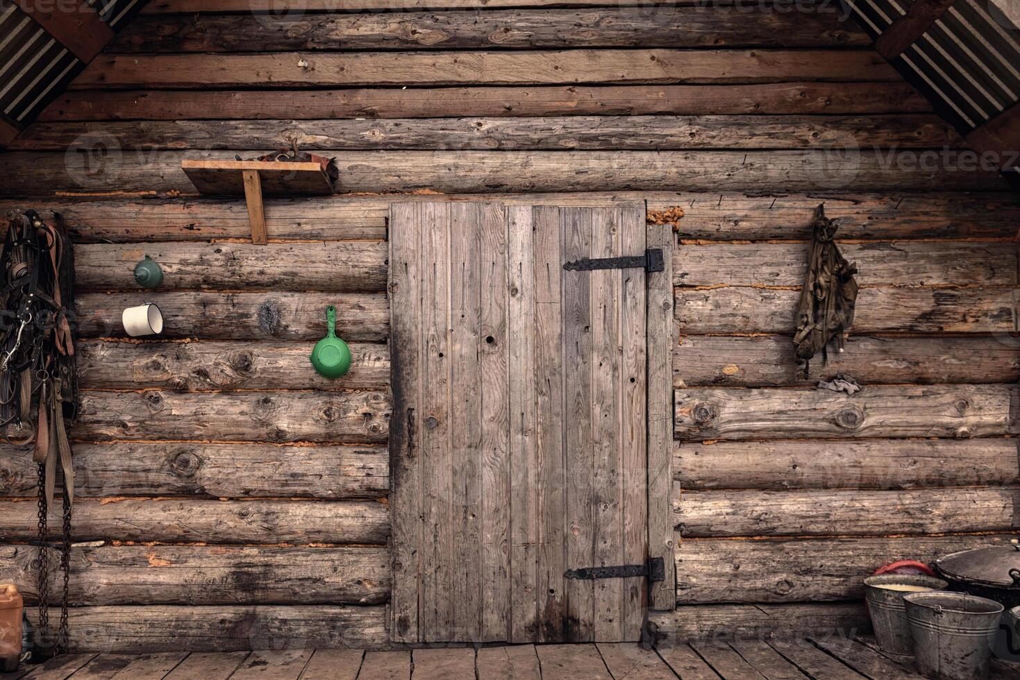 A wooden cabin with a door and a window photo