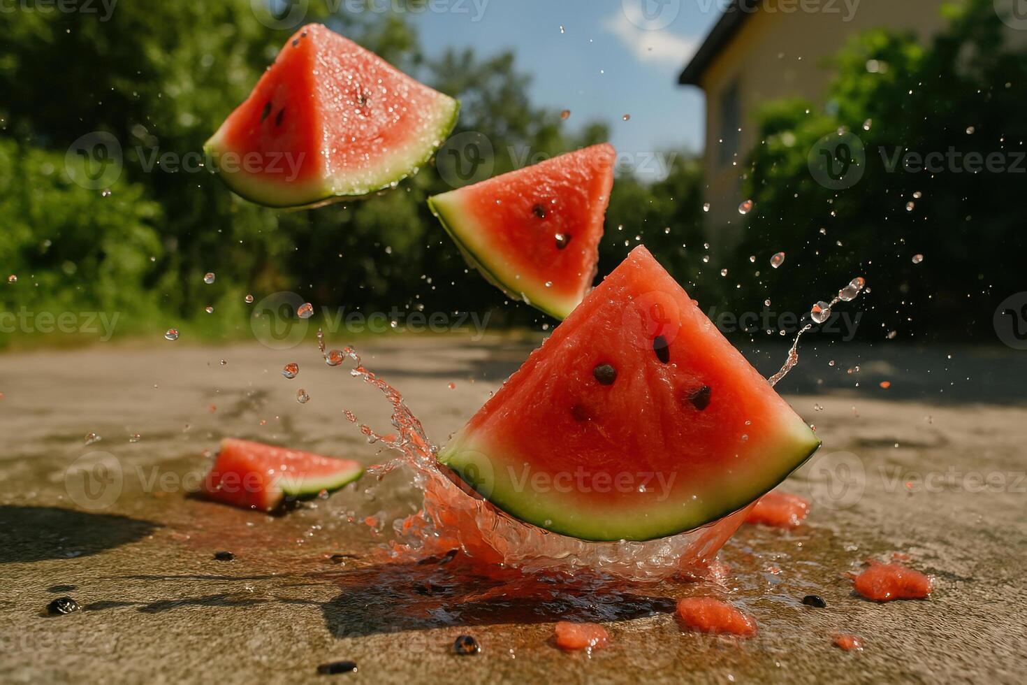 Watermelon slices falling from the sky photo