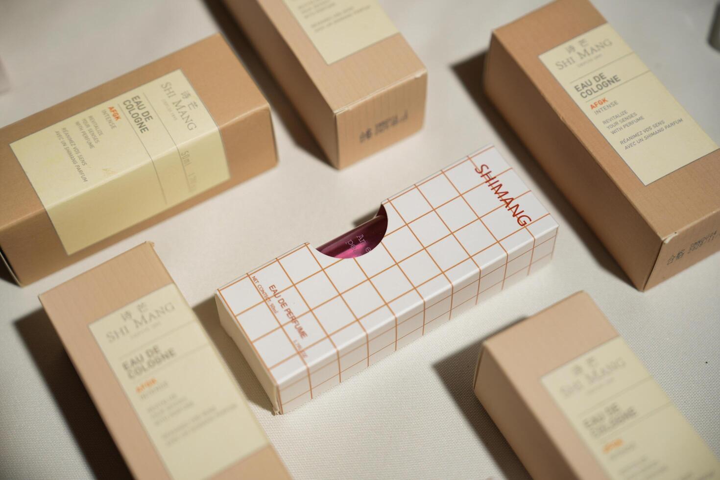 a table with boxes of different products on it photo