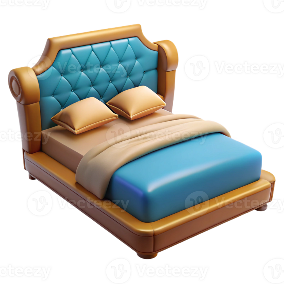 bed with blue pillows and a blue headboard png