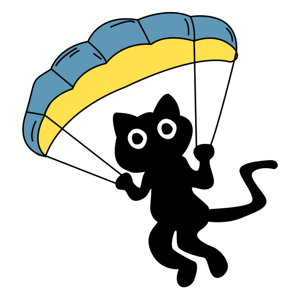 A black cat jumping from parachute. Extreme Sport Cartoon png
