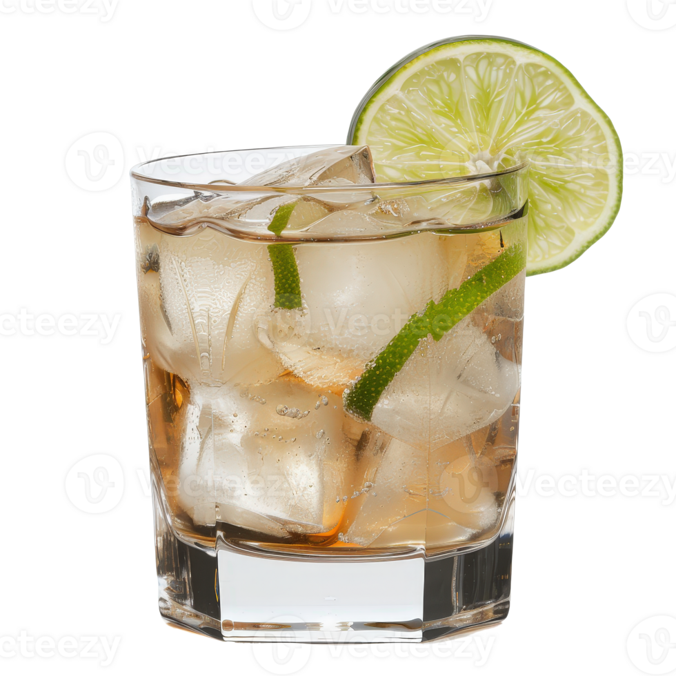A glass of whiskey with lime and ice png